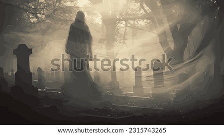 Ethereal Ghost at Cemetery Vector Captivating and High-Quality Image Depicting a Haunting Specter Amongst Tombstones Royalty-Free Stock Photo #2315743265