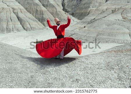 Sunset and whirling at the mountain, sufi. sufi whirling (Turkish: Semazen) is a form of Sama or physically active meditation which originated among Sufis. Royalty-Free Stock Photo #2315762775