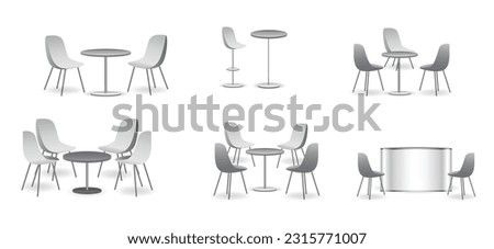 set of realistic trade exhibition chair and table or white blank exhibition kiosk or stand booth corporate commercial. Royalty-Free Stock Photo #2315771007