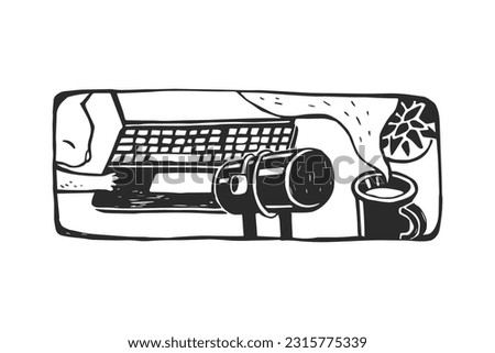 Vector hand-drawn illustration of desktop with equipment for podcast. Sketch of streaming symbols in frame.