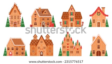 Gingerbread houses set vector illustration. Cartoon isolated ginger cookie and sweet candy collection for greeting card, cute winter village cottages with sugar icing and chocolate house decoration Royalty-Free Stock Photo #2315776517