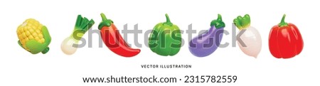 Vegetables 3d icon set. Red Bell pepper, Hot chili pepper, Spring Onion, Green Bell pepper, Radish, Corn, Eggplant. Isolated icons, objects on a white background
 Royalty-Free Stock Photo #2315782559