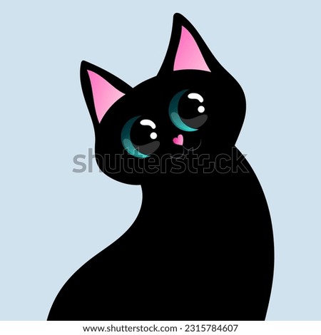 Cartoon black cat with big eyes. Design for print, sticker, party decoration, logo, emblem, magazine prints or journal article, t-shirt design, poster. Vector illustration 
