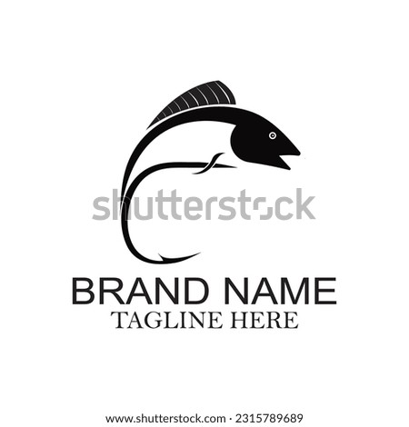 Fishing Logo, Fish And Hook Logo Template, Flat Logo Style.