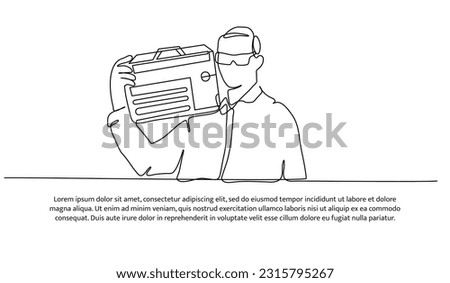 Continuous line design of man holding radio on his shoulder. Decorative elements drawn on a white background.