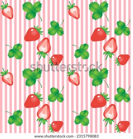 Red strawberry fruits and green leaves on a striped pink and white background. Floral seamless pattern, print. Vector illustration