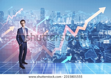 businessman with chart on city background