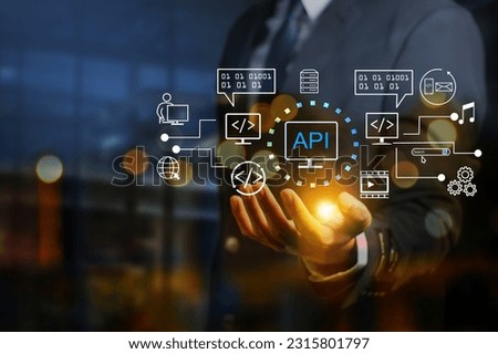 The API  (application programming interface) provides the interface for communication between applications, simplifying application integration. Royalty-Free Stock Photo #2315801797