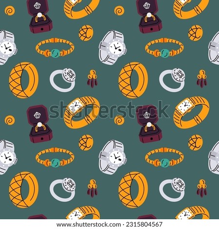 Jewelry seamless pattern. Cartoon gems and golden products. Silver metal watches. Engagement rings. Jewel bracelets or earrings. Expensive wristwatches. Garish vector Royalty-Free Stock Photo #2315804567