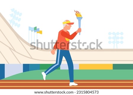 Old male runner carries torch with Olympic flame. Man running through stadium. Sport competitions. Champion holding burning fire. Athletic tournament. Opening ceremony