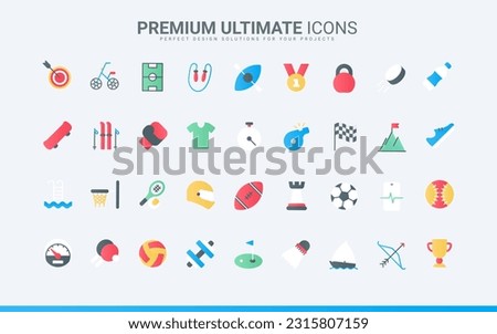 Medical mobile app to control health during healthy exercises in gym, award for football, tennis and basketball competition. Sport training, workout trendy flat icons set vector illustration