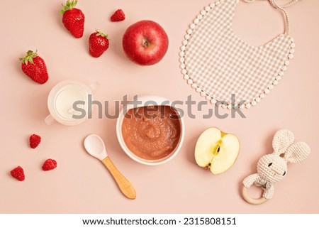 Baby puree recipe made of fresh fruits. First baby solid food recipe idea. Top view,  flat lay Royalty-Free Stock Photo #2315808151