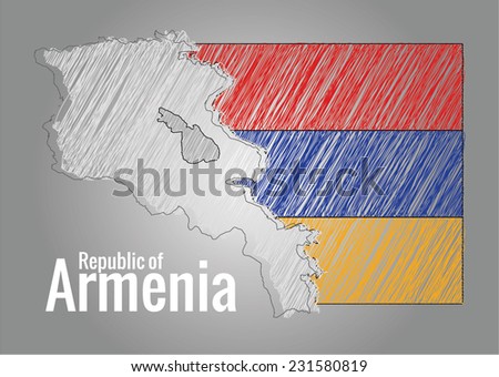Map of Armenia and flag with scribbles, vector