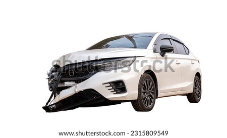 Front and side of white car get damaged by accident on the road. damaged cars after collision. isolated on white background with clipping path Royalty-Free Stock Photo #2315809549