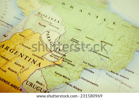 South America map (Geographical view altered on colors/perspective and focus on the edge. Names can be partial or incomplete) Royalty-Free Stock Photo #231580969