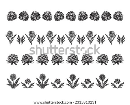 Set of floral vector borders in scandi clip art. Organic folk art banner group in decorative linoleum print vintage style. 