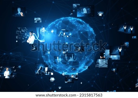 Connecting businesspeople, video conference concept. Abstract blue globe with polygonal mesh and images on blurry background. 3D Rendering