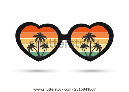 Sunglasses with reflection Seascape with palm trees. Summer illustration, icon