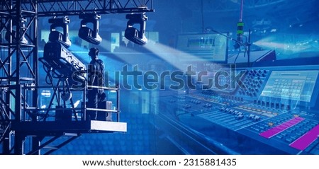 Checking stage equipment. Concert equipment. Director of the world. Equipment for recording sound. Musical equipment. Concert organization. Microphone. Royalty-Free Stock Photo #2315881435