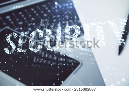 Cyber security creative concept on modern laptop background. Double exposure