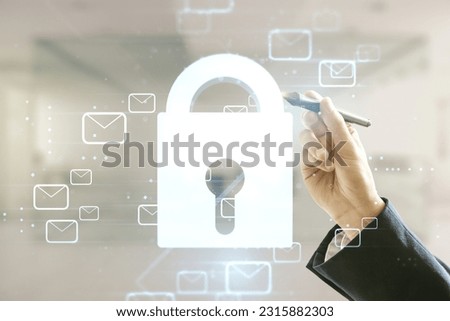 Man hand with pen working with abstract virtual lock symbol and postal envelopes illustration on blurred office background. Protection and firewall concept. Multiexposure