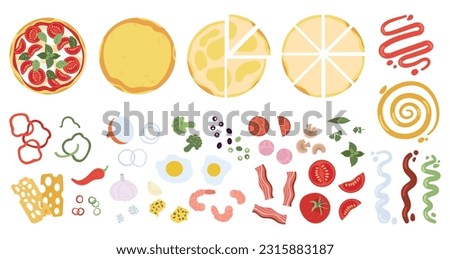 Pizza ingredients, italia food, pizzeria icons. Cheese, tomato, peppers and eggs. Fast lunch or dinner. Tasty italian meal, decent vector collection