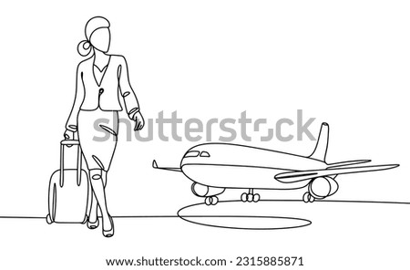 The stewardess with a suitcase goes to the plane. International Flight Attendant Day. One line drawing for different uses. Vector illustration. Royalty-Free Stock Photo #2315885871