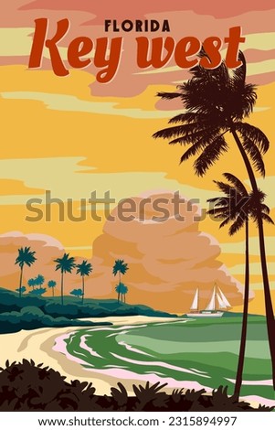 Retro Poster Key West Florida Beach. Palm on the beach, sailboat, coast, surf, ocean Royalty-Free Stock Photo #2315894997