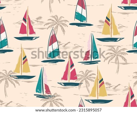Reto Marine nautical hand drawn seamless vector pattern, Sailboat vector,Anchor and lpalm trees y illustrator ,Design for fashion , fabric, textile, wallpaper , wrapping and all prints  Royalty-Free Stock Photo #2315895057