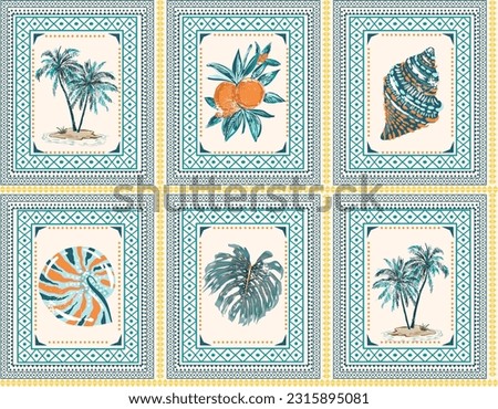 Vintage  Nostalgic summer beach vacation Retro Scarf  mood summer vibes, palm tree, orange,Sea shell Vacation  seamless pattern ,Design for all prints 