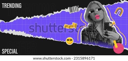 trendy u2k banner with a girl on a purple checkered background with torn paper. Modern collage with doodles and stickers with emoji. Bright composition for advertising. Vector popart illustration