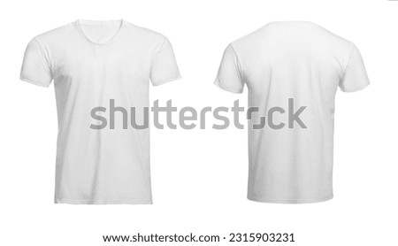 Stylish basic t-shirt on white background, front and back views. Space for design Royalty-Free Stock Photo #2315903231