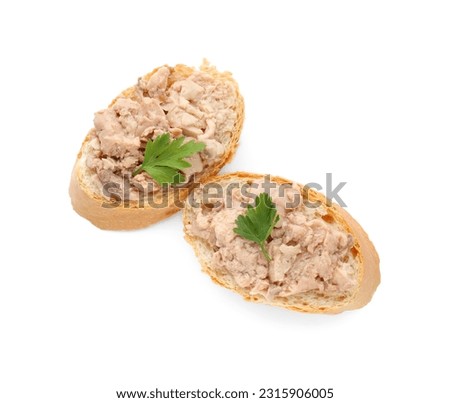 Tasty sandwiches with cod liver and fresh parsley isolated on white, top view