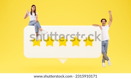 Customers Feedback. Excited Couple Posing With Huge Five Stars Rating Icon, Gesturing Okay And Shaking Fists Recommending Mobile Application And Service Over Yellow Background. Panorama, Collage Royalty-Free Stock Photo #2315910171