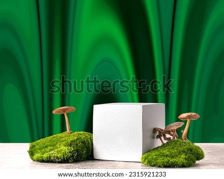 Cubic podium with green moss and mushrooms on a green abstract background. Still life for products presentation. woodland decor and natural style. 