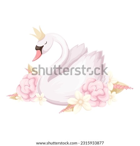 Princess swan vector illustration. Cartoon isolated cute animal character with gold crown on head and pastel floral bouquet, white swan with fairy decoration for romantic invitation, greeting card