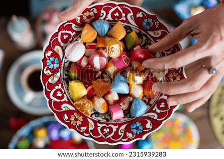Colorful Eid Candy and Chocolate, Traditional Ottoman Cuisine Desserts, Turkish Delight and Turkish Coffee, Baklava Photo, Üsküdar Istanbul, Turkiye Royalty-Free Stock Photo #2315939283