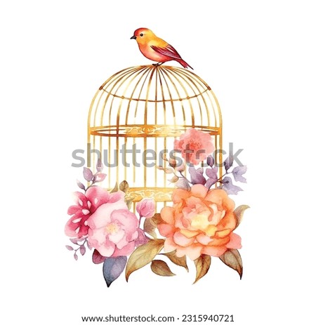 Bird on top of a golden cage surrounded by flowers watercolor ilustration
