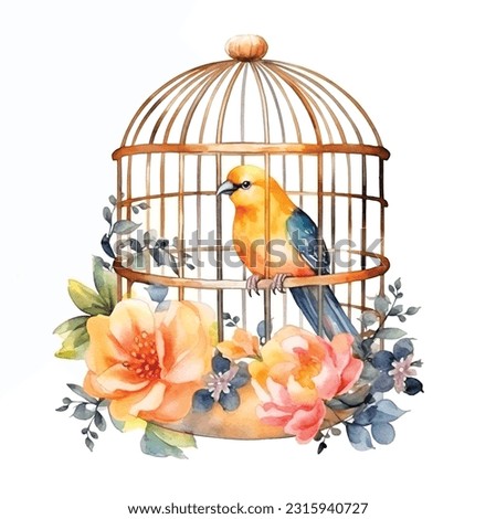 Bird inside of a golden cage surrounded by flowers watercolor paint