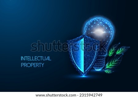 Intellectual property, innovation protection futuristic concept with lightbulb and shield symbols in glowing low polygonal style on dark blue background. Modern abstract design vector illustration. Royalty-Free Stock Photo #2315942749