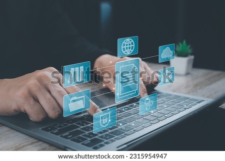 Document Management System (DMS), database and online to manage files. Product management system Accounting and Finance,Human Resources with ERP, corporate business technology Royalty-Free Stock Photo #2315954947