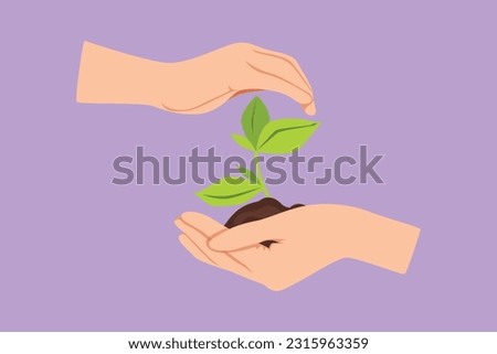 Character flat drawing new life in young hands on white background. Female hand holding tree on nature field grass. Forest conservation concept, logo, icon, symbol. Cartoon design vector illustration Royalty-Free Stock Photo #2315963359