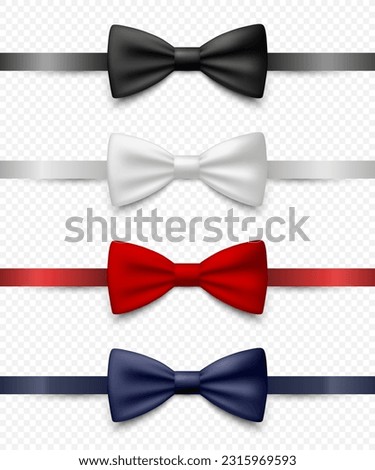 Vector 3d Realistic Blue, Black, Red, White Bow Tie Icon Set Closeup Isolated. Silk Glossy Bowtie, Tie Gentleman. Mockup, Design Template. Bow tie for Man. Mens Fashion, Fathers Day Holiday