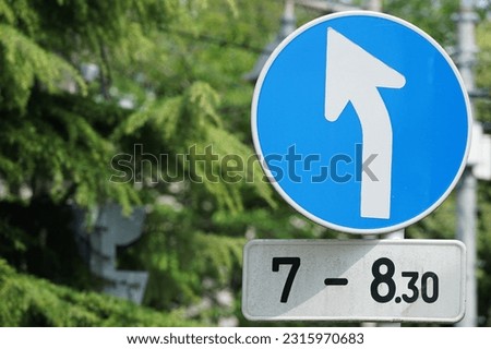 Blue traffic sign showing left turn on Japan                               