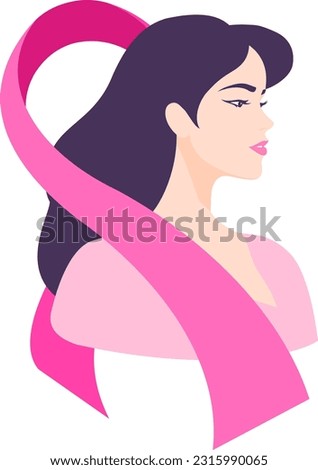 Woman and pink ribbon icon design. Breast cancer awareness month. Design for poster, banner, t-shirt. Vector illustration.