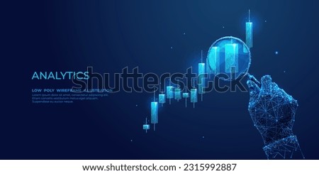 Digital stock market analysis concept. An abstract man holds a magnifying glass in his hand and analyzes the graph chart on technological dark blue background. Low poly wireframe vector illustration Royalty-Free Stock Photo #2315992887