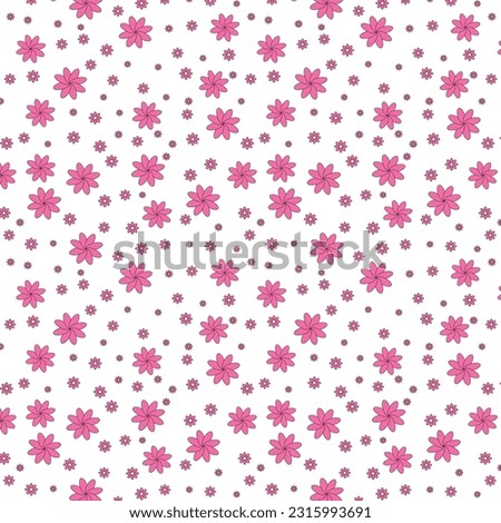 Small pink flowers on a white background. Seamless pattern. Free arrangement of small flowers. Light background for packaging or fabric.