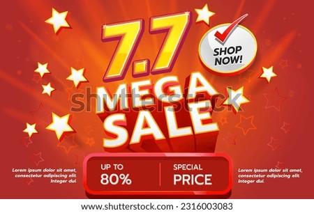 The 7.7 Mega Sale illustration concept is vibrant, energetic, and visually captivating, aiming to convey a sense of excitement and the opportunity for amazing deals and discounts.