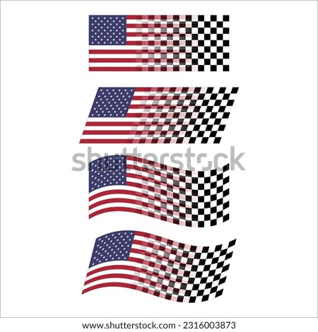 United States of America flag and race track checkered flag isolated on white background. Start and finish racing sport lines. Competition and poster designs