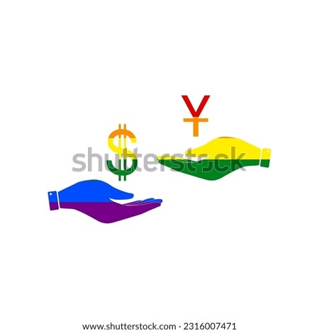 Currency exchange from hand to hand. Dollar and Yuan. Rainbow gay LGBT rights colored Icon at white Background. Illustration.